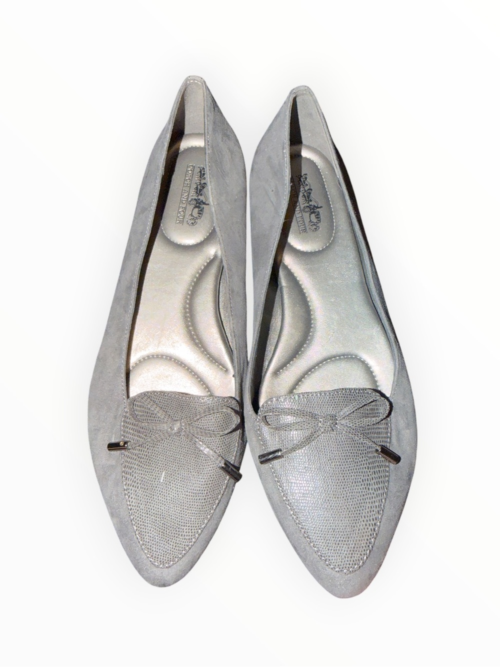 Coach and Four Silver-Gray Pointed-Toe Flats with Bow Accent